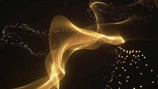 3d generated  abstract animation of golden dust particles drifting across a black background. Fine particles sparkle and swirl, creating a cinematic, atmospheric effect. 