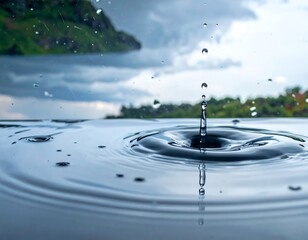 Droplet impacting a water surface, ripples radiate out, with green hills and stormy clouds blurred in the background