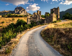 Ancient Stone Ruins and Winding Dirt Road in a Rural Landscape Under a Dramatic Sky.