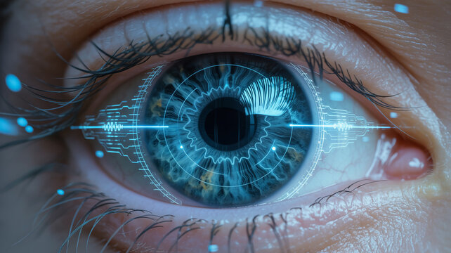 Ultra-detailed macro cyberpunk eye, glowing blue iris, biometric digital interface, intricate circular patterns, sharp contrast, futuristic tech, floating particles, high-resolution. - Powered by Adobe