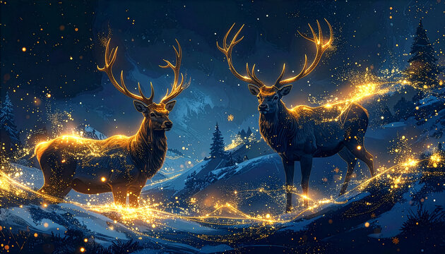 Christmas Magic Deer and flickering lights Glow gold particles light wave and deep blue tone