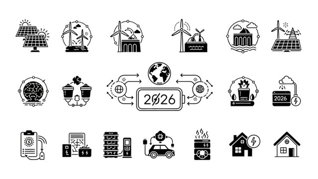 Monochrome vector illustration of renewable energy sources and environmental sustainability icons - Powered by Adobe