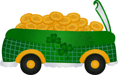 Wagon Full of Gold Coins for St. Patrick's Day Watercolor Hand Drawn Style
