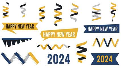 Festive 2024 New Year's Eve celebration elements with ribbons and banners design