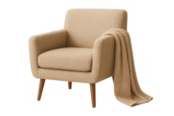 Beige fabric armchair with wooden legs, draped with a cozy knitted throw, ready for relaxation in a contemporary home setting