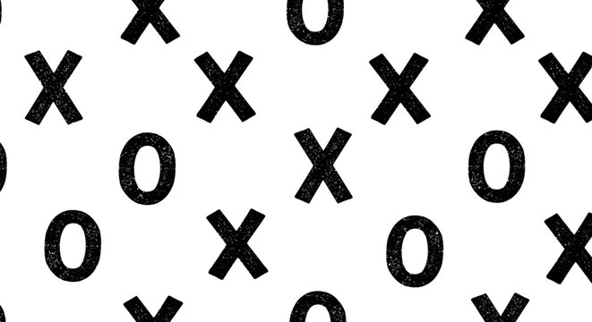 Minimalist tic tac toe pattern, black and white geometric background with hand drawn x and o symbols, modern abstract seamless vector texture