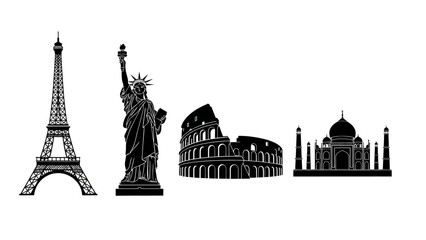 Obraz premium Iconic world landmarks silhouette collection: Eiffel Tower, Statue of Liberty, Colosseum, Taj Mahal