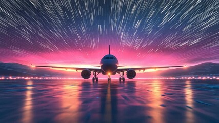 Commercial airplane jet on airport runway at night with star trails warp speed sky background backdrop travel aviation business flight departure landing concept futuristic neon landscape - Powered by Adobe