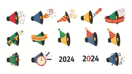 Festive New Year 2024 Announcement: Cartoon Megaphones with Party Elements Decoration