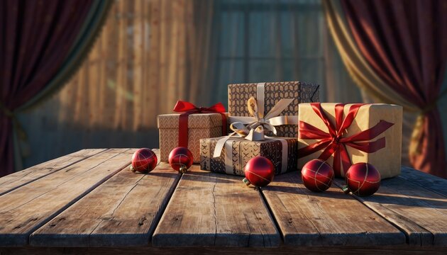 Festive holiday gift boxes and red apples arranged on a rustic wooden table.