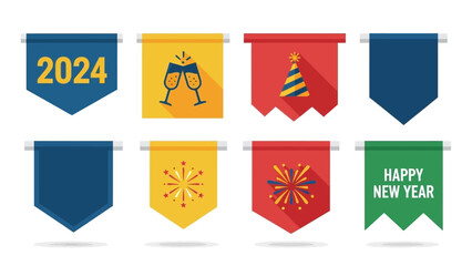 Festive 2024 New Year Celebration Flags with Party Icons for Graphic Designs