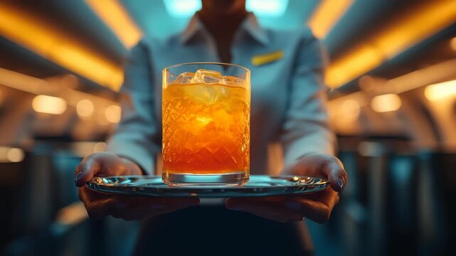 Flight attendant holding tray with cold orange cocktail glass in airplane cabin aisle background backdrop air hostess serving drink luxury business class travel service concept