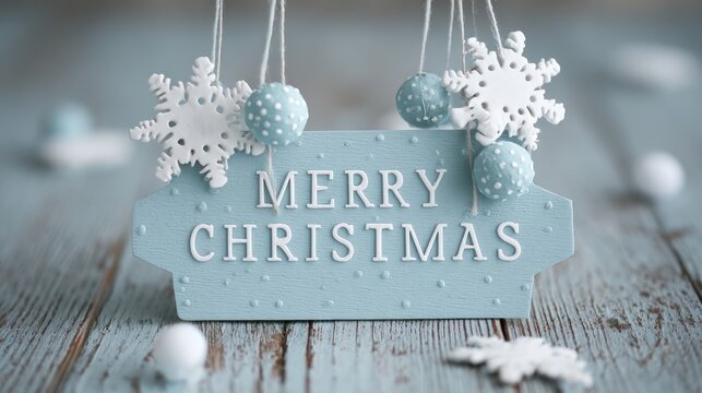 Merry christmas sign with snowflakes and baubles on a light blue wooden background