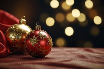 Shiny red glass baubles decorate a festive Christmas tree for the winter holiday season celebration