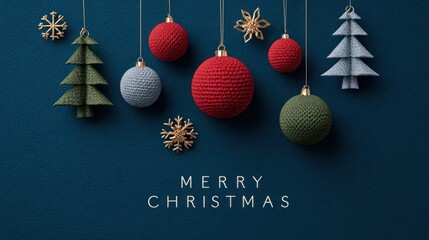 Festive christmas ornaments and merry christmas text on dark blue background