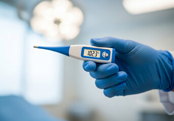 Closeup of a gloved hand holding a digital thermometer displaying a high temperature reading, indicating fever or illness in a medical setting