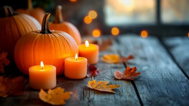 candles and pumpkins on a rustic wooden surface with autumn leaves and fallen leavespumpkins and candles on a wooden surface.