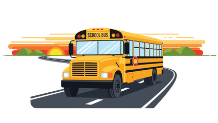 Classic yellow school bus driving toward adventure at sunset ready for back to school campaigns and transportation concepts