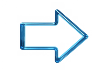 Blue glass arrow outlining a pointer icon, indicating right direction and navigation on transparent background