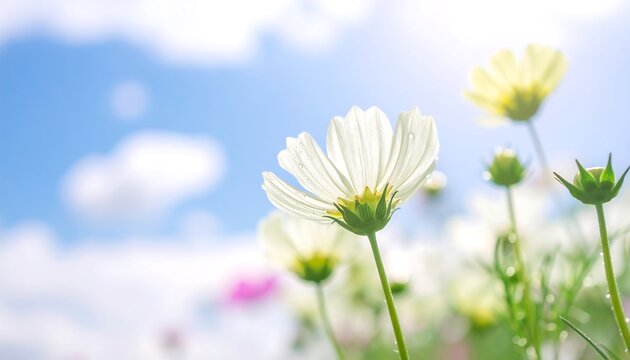 Delicate white cosmos flowers reaching to a blue sky dotted with fluffy clouds and radiant sunshine