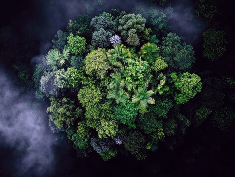 An aerial view captures a vibrant forest canopy with a variety of green trees, surrounded by a layer of fog, creating a moody and atmospheric scene.
