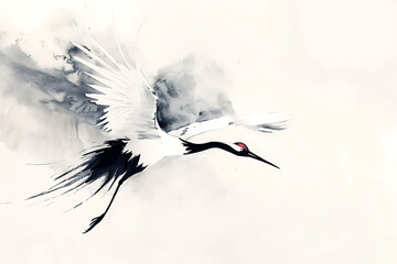 Fototapeta premium 大きく翼を広げて飛ぶ鶴を柔らかな筆致で描いた構図