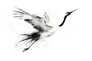Fototapeta premium 大きく翼を広げて飛ぶ鶴を柔らかな筆致で描いた構図