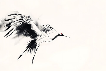 Fototapeta premium 大きく翼を広げて飛ぶ鶴を柔らかな筆致で描いた構図