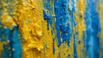 A closeup view of thick yellow and blue paint spread on a surface, showing rough texture, drips, and layers of vibrant color
