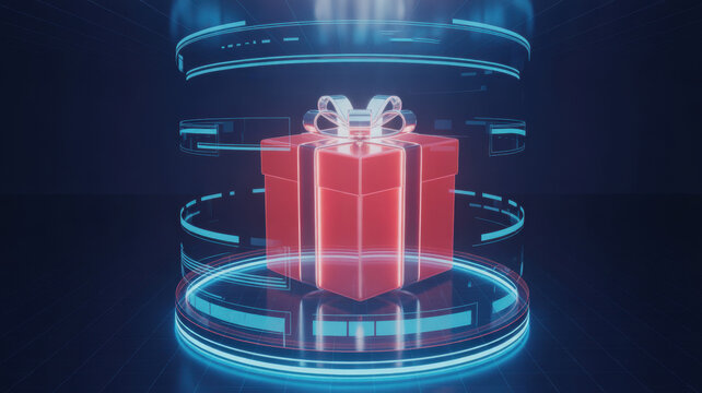 Futuristic Hologram Gift Box in Digital Sci-Fi Environment