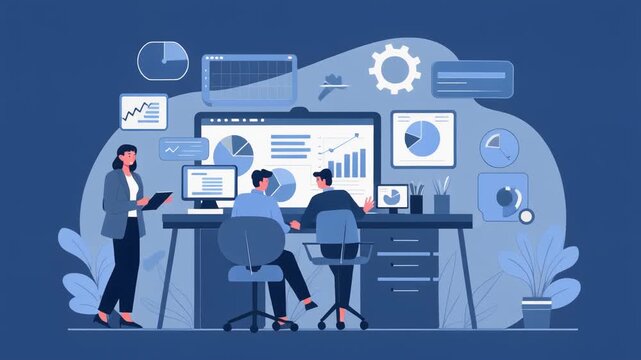Digital workspace scene in flat minimalist vector illustration with monochrome blue tones, featuring people, charts, graphs, and monitors.