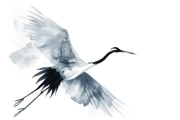 Fototapeta premium 大きく翼を広げて飛ぶ鶴を柔らかな筆致で描いた構図