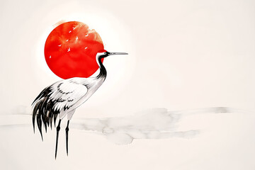 Fototapeta premium 赤い太陽を背に立つ鶴の美しい佇まいを描いた構図