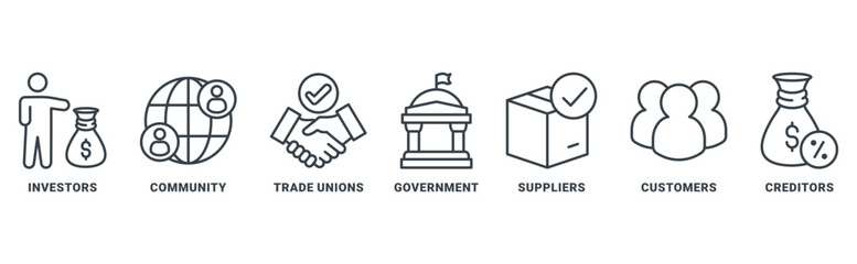 Stakeholder relationship icon set wih icon of community, trade unions, suppliers, and customers 