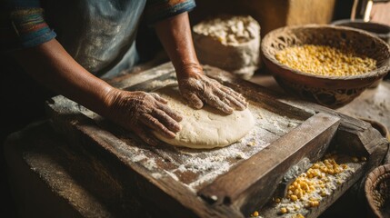 Making Tortillas A dynamic shot of hands pressing masa in a tortilla press with corn kernels and dough visible rustic kitchen setting cultural tradition in Mexico