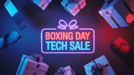 Boxing Day Tech Sale Neon Sign with Gifts and Gadgets