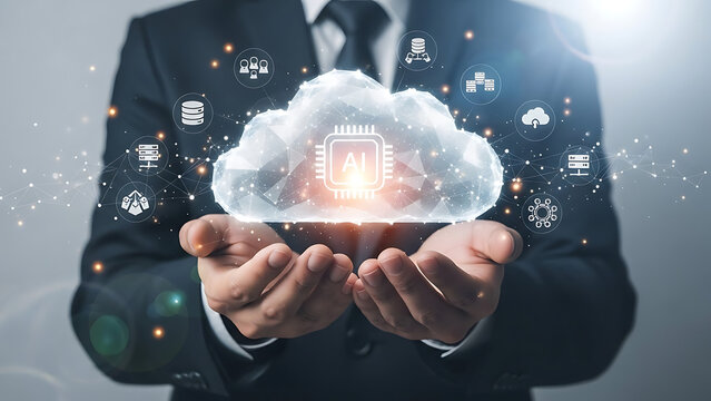 Future of Digital Business A professional showcases an advanced cloud computing network powered by artificial intelligence, symbolizing secure data management and digital transformation
