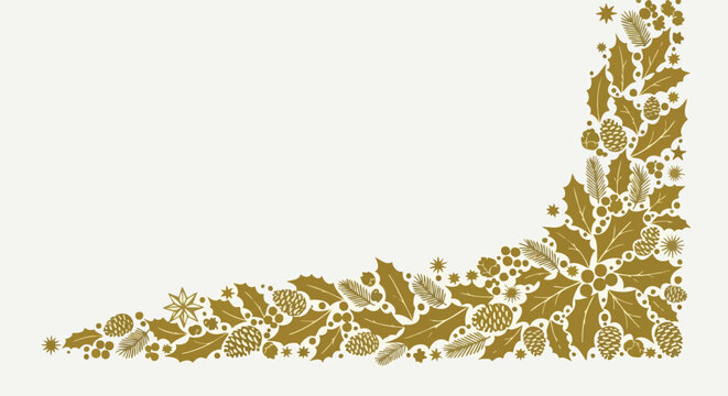 Elegant Golden Christmas Corner Border with Holly and Pine Cones against a Creamy Background