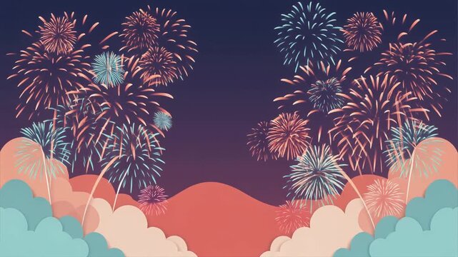 Fireworks display at night scene in flat minimalist vector style with soft pastel colors, featuring fireworks, clouds, and stars in a clean composition.