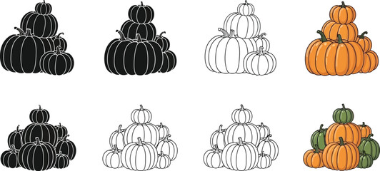Fall harvest pumpkin stacks for Halloween designs and autumnal celebrations in various styles and colors for festive ads