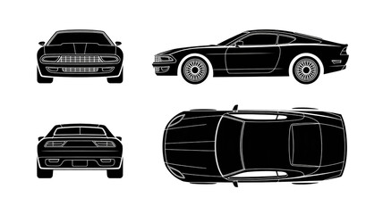 Minimalist black and white vector silhouette illustration of a modern sports coupe, showing front, side, rear, top views, aerodynamic design, sleek lines, sharp details.