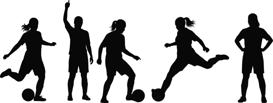 Silhouette female soccer players performing various football actions, dribbling, kicking, standing poses, dynamic athletic movement, sports activity