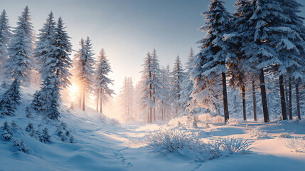 Serene snowy forest landscape at sunrise, soft glowing light through pine trees, fresh snow texture, magical winter atmosphere