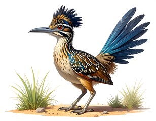 Obraz premium Detailed illustration of a roadrunner bird standing in a desert landscape environment