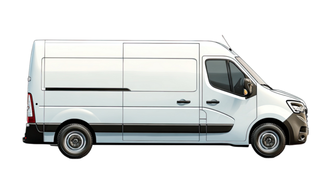 White delivery van with clean exterior, spacious cargo area, and modern transportation utility ideal for logistics service isolated on white background.