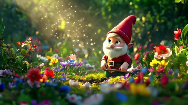 A vivid, animated garden scene featuring a garden gnome amidst a lush meadow. The gnome is depicted with a shovel, suggesting he might be gardening. The meadow is a riot of colors.