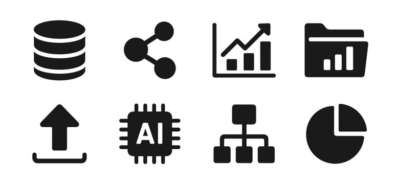 Data and analytics icon collection in black featuring database, share symbol, growth chart, folder chart, upload arrow, AI chip, flowchart, and pie chart