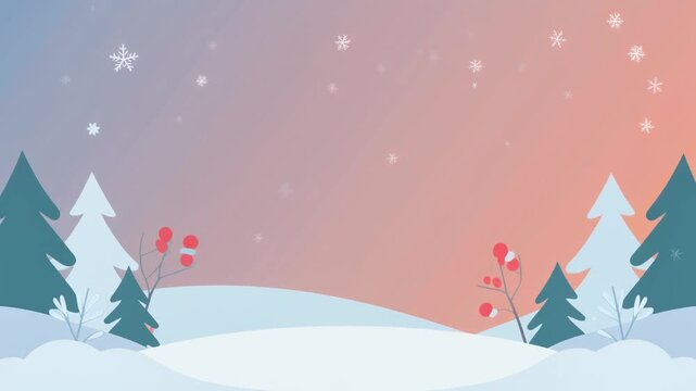 Winter landscape scene with stylized evergreen trees, snow drifts, and falling snowflakes against a pastel gradient sky in a minimalist vector style.