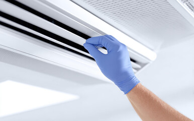Close up technician hand wearing blue glove checking air conditioner indoor unit for maintenance and repair work with professional focus ensuring cool fresh air system at home