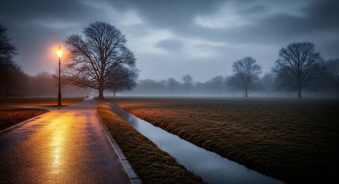 Gloomy Park Landscape with Bare Trees Fog and Lamppost casting Golden Light Creating Serene Atmospheric Mood